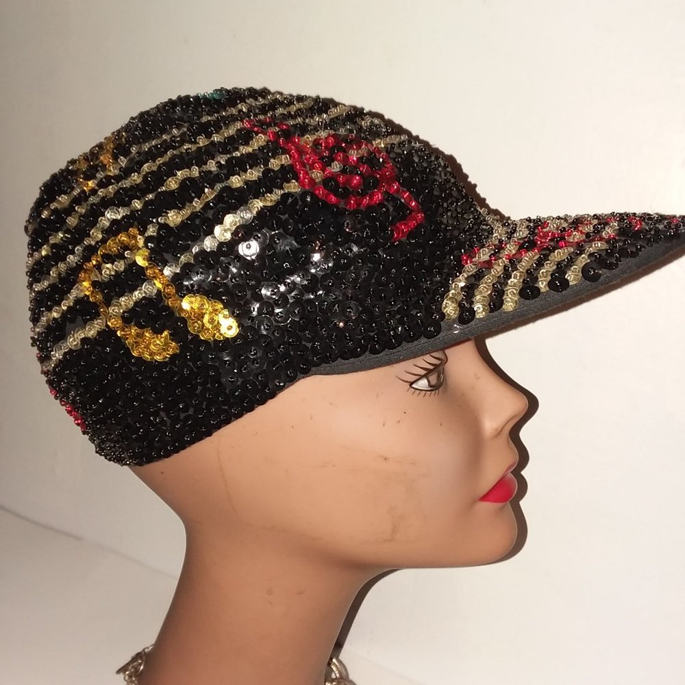VTG. JC Womens 80’s Sequin Baseball Cap Disco Rare Black Red Gold